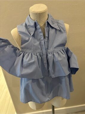 Zara Light Blue Ruffle Cold-Shoulder Blouse
